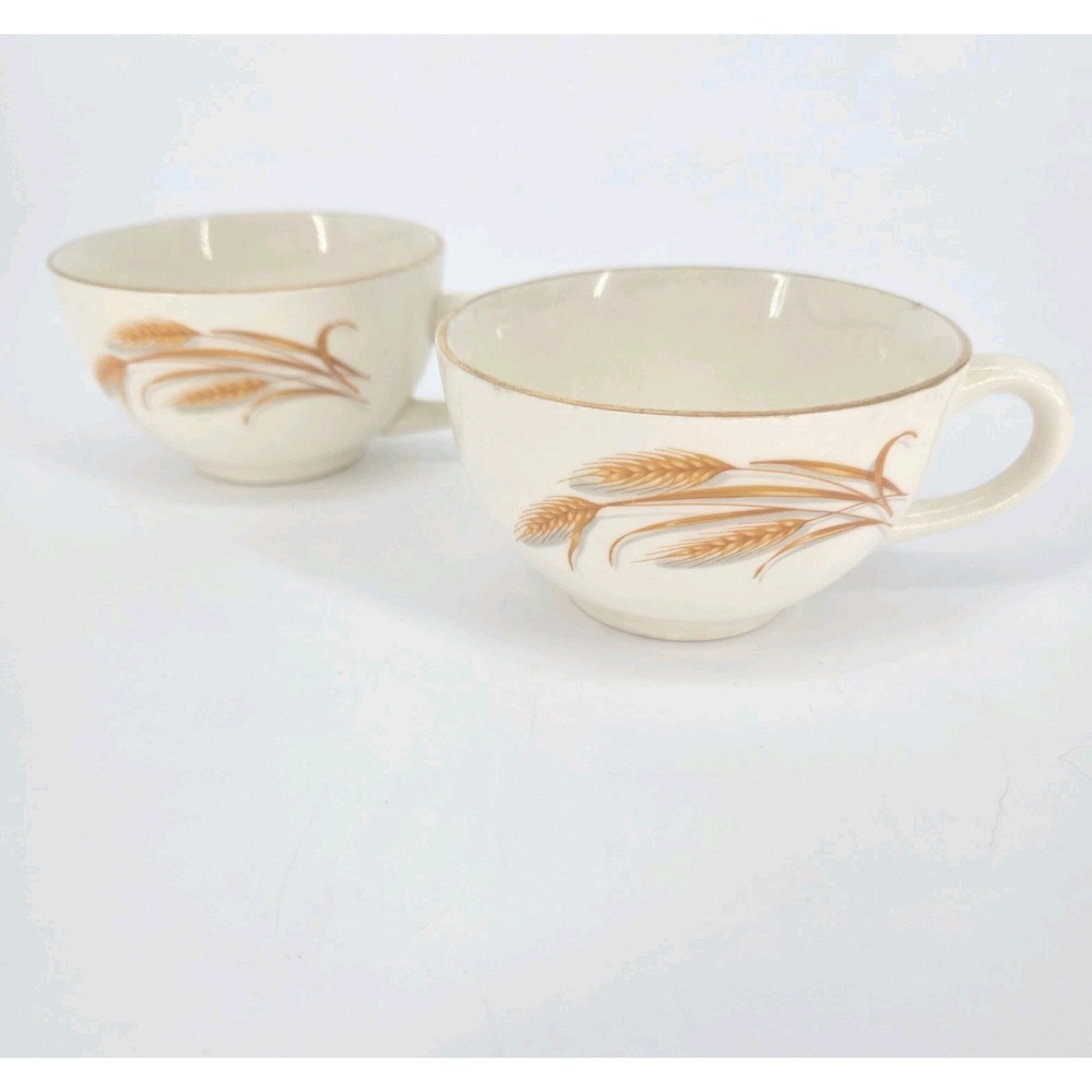 Homer Laughlin Golden Wheat Tea Cups Set of 2 22K Gold Trim Vintage USA Made MCM